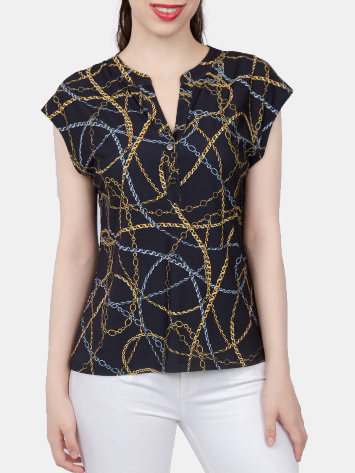 Cap Sleeve Button Detail Top