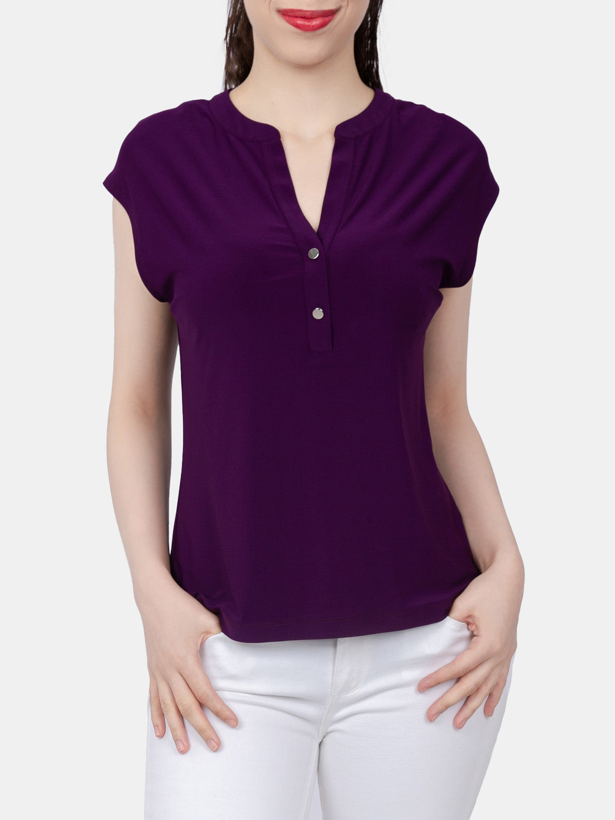 Cap Sleeve Button Detail Top