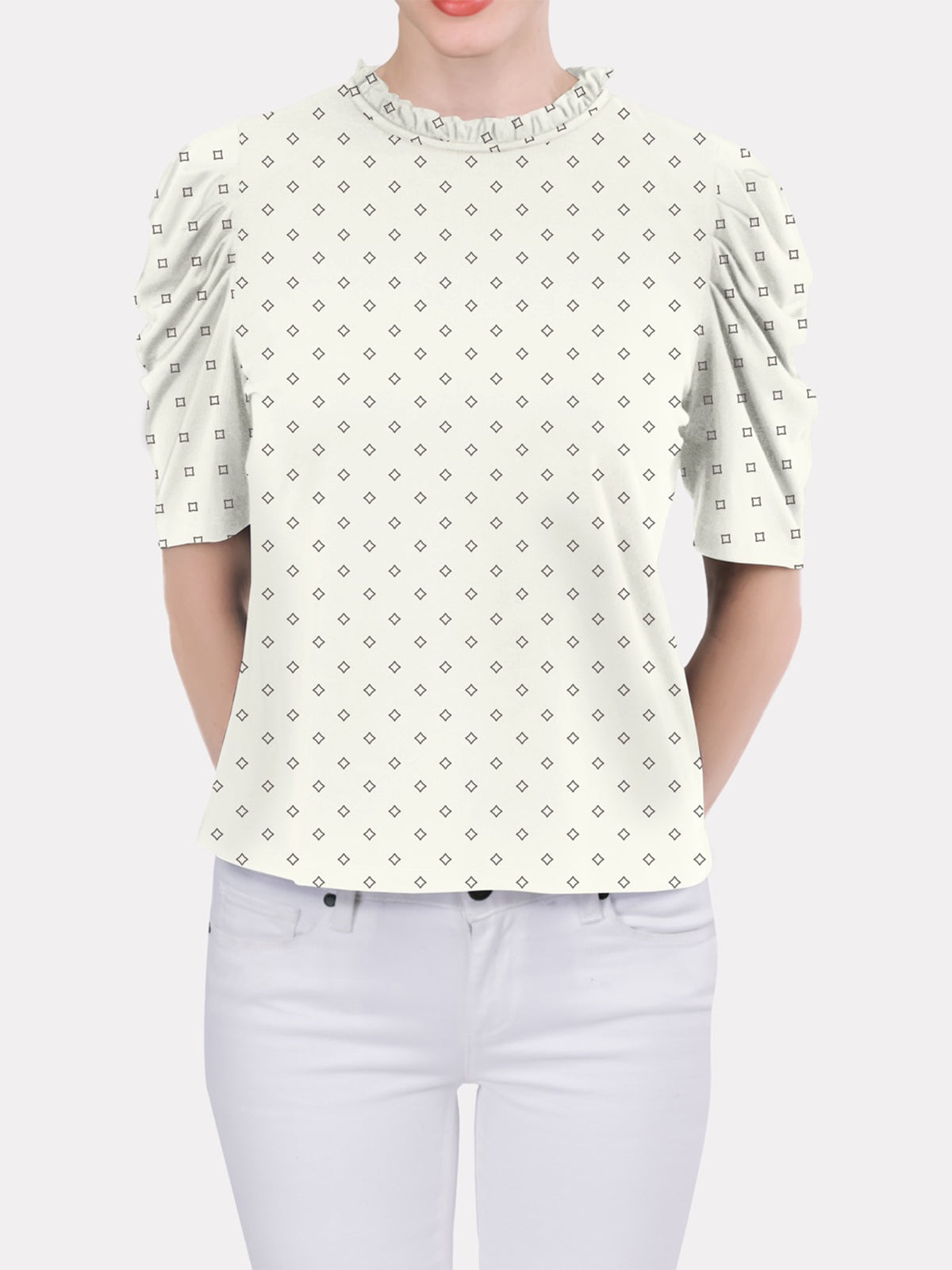 Ruffled Neckline Draped Elbow Sleeve Top