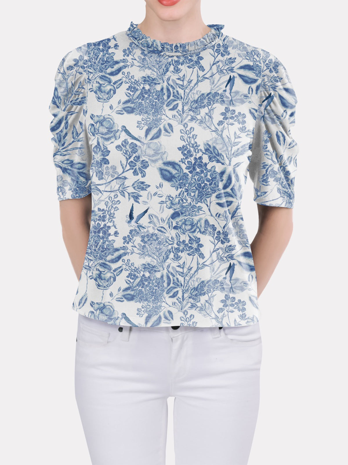 Ruffled Neckline Draped Elbow Sleeve Top