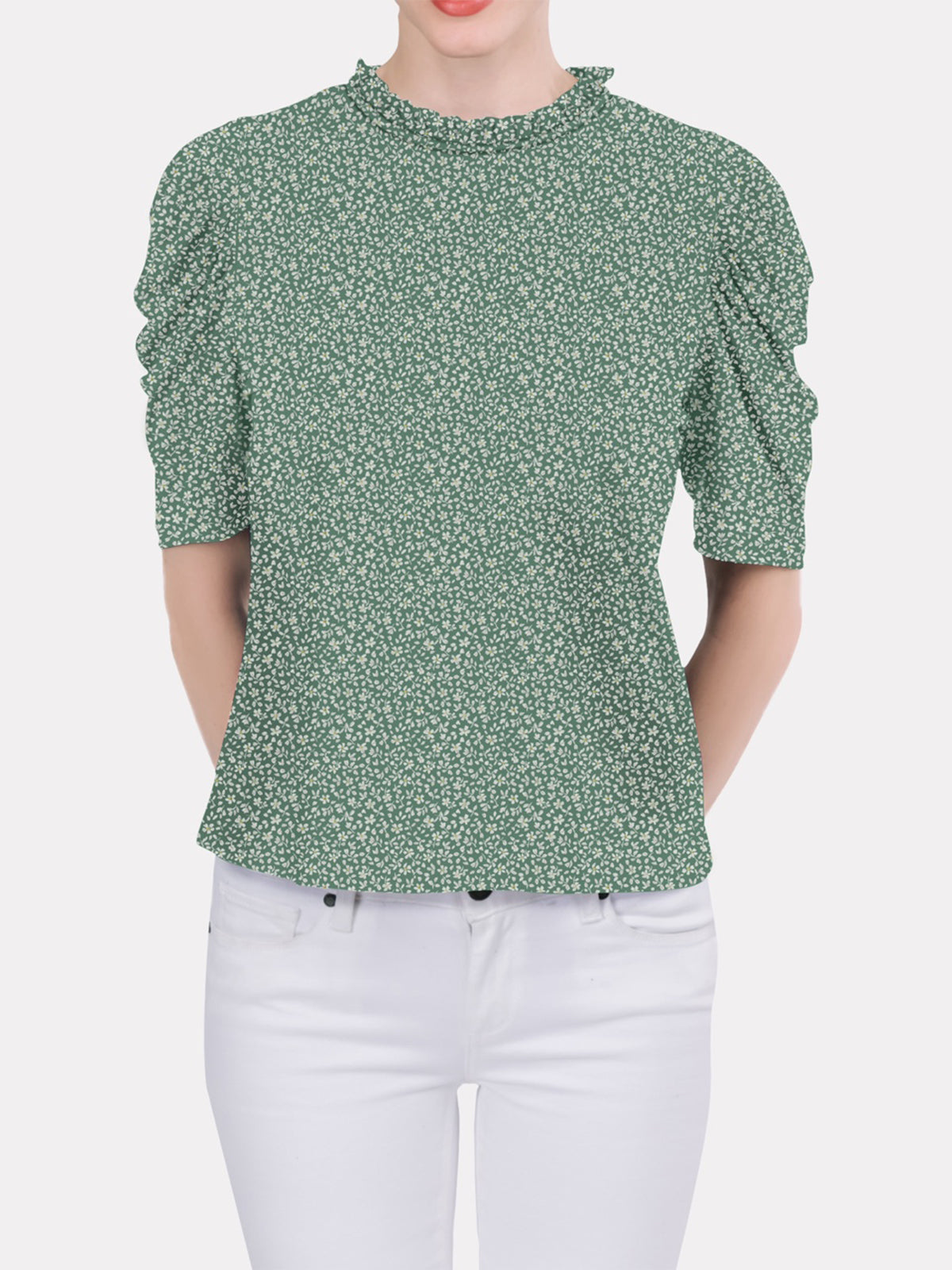 Ruffled Neckline Draped Elbow Sleeve Top