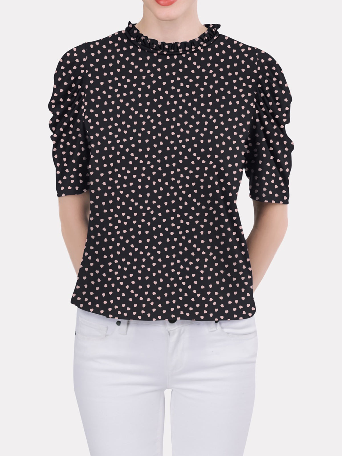 Ruffled Neckline Draped Elbow Sleeve Top
