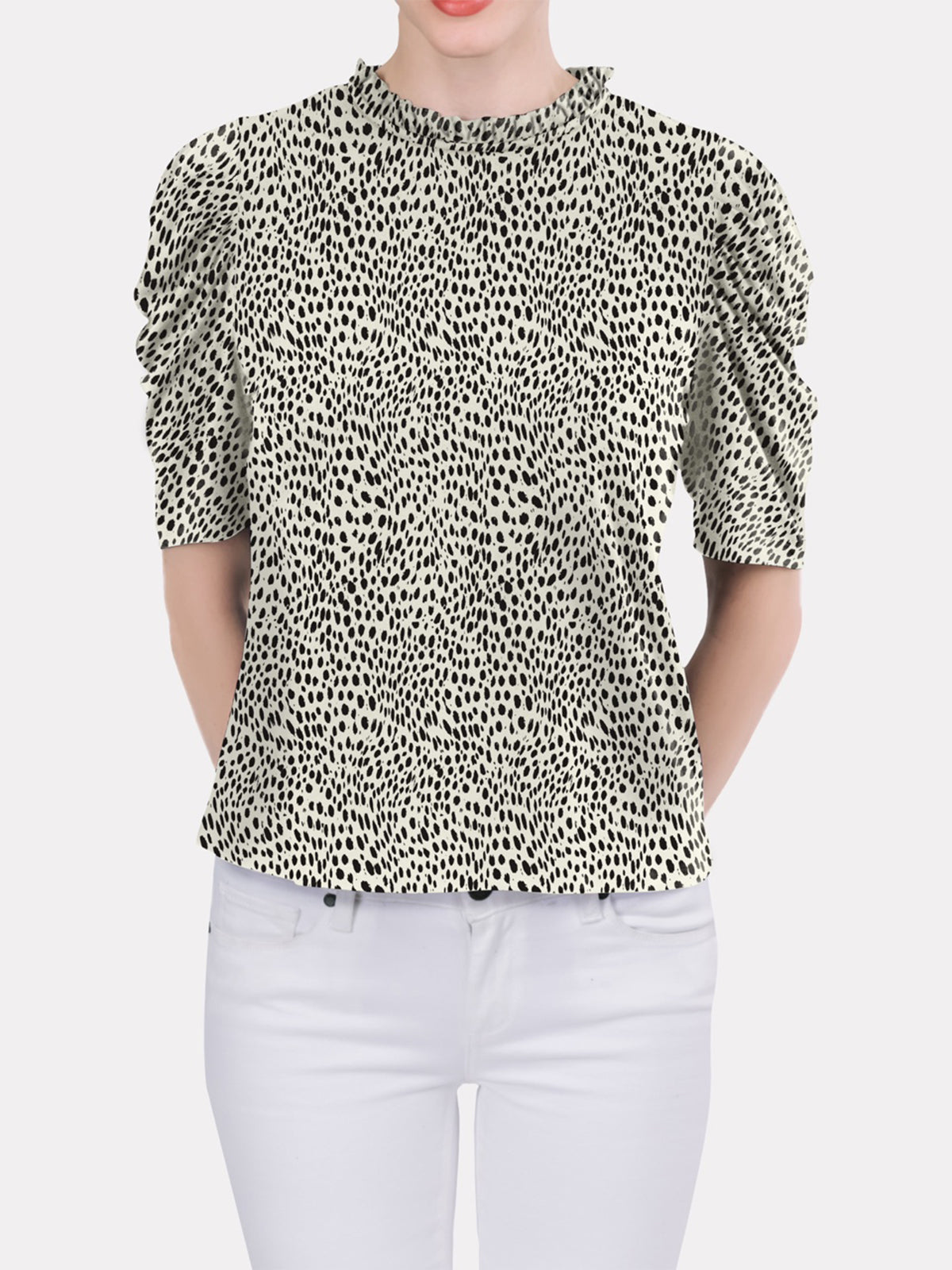 Ruffled Neckline Draped Elbow Sleeve Top