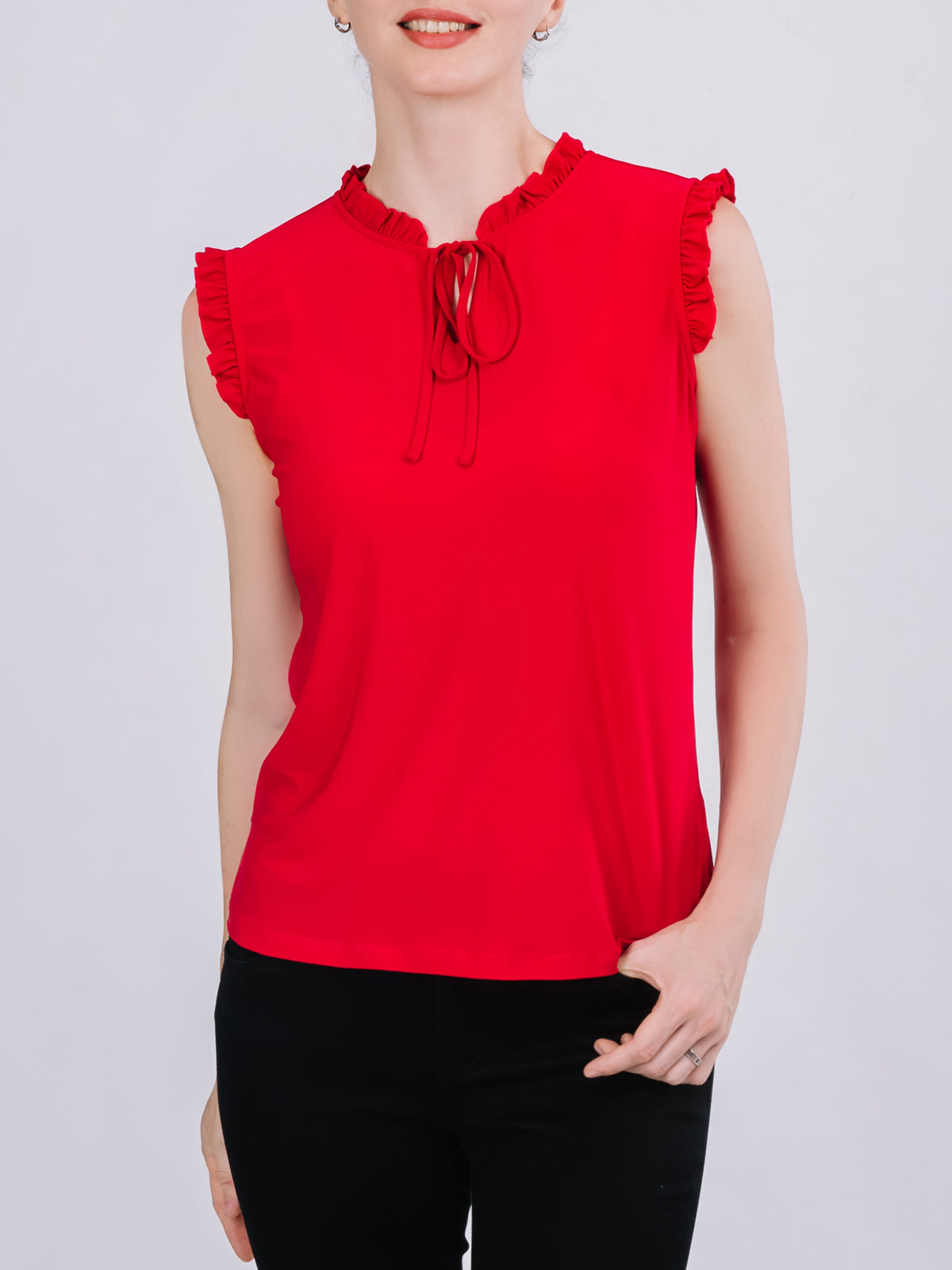 Tie Front Ruffle Neck Knit Top