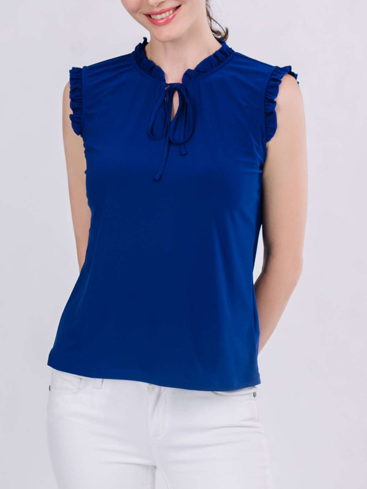 Tie Front Ruffle Neck Knit Top