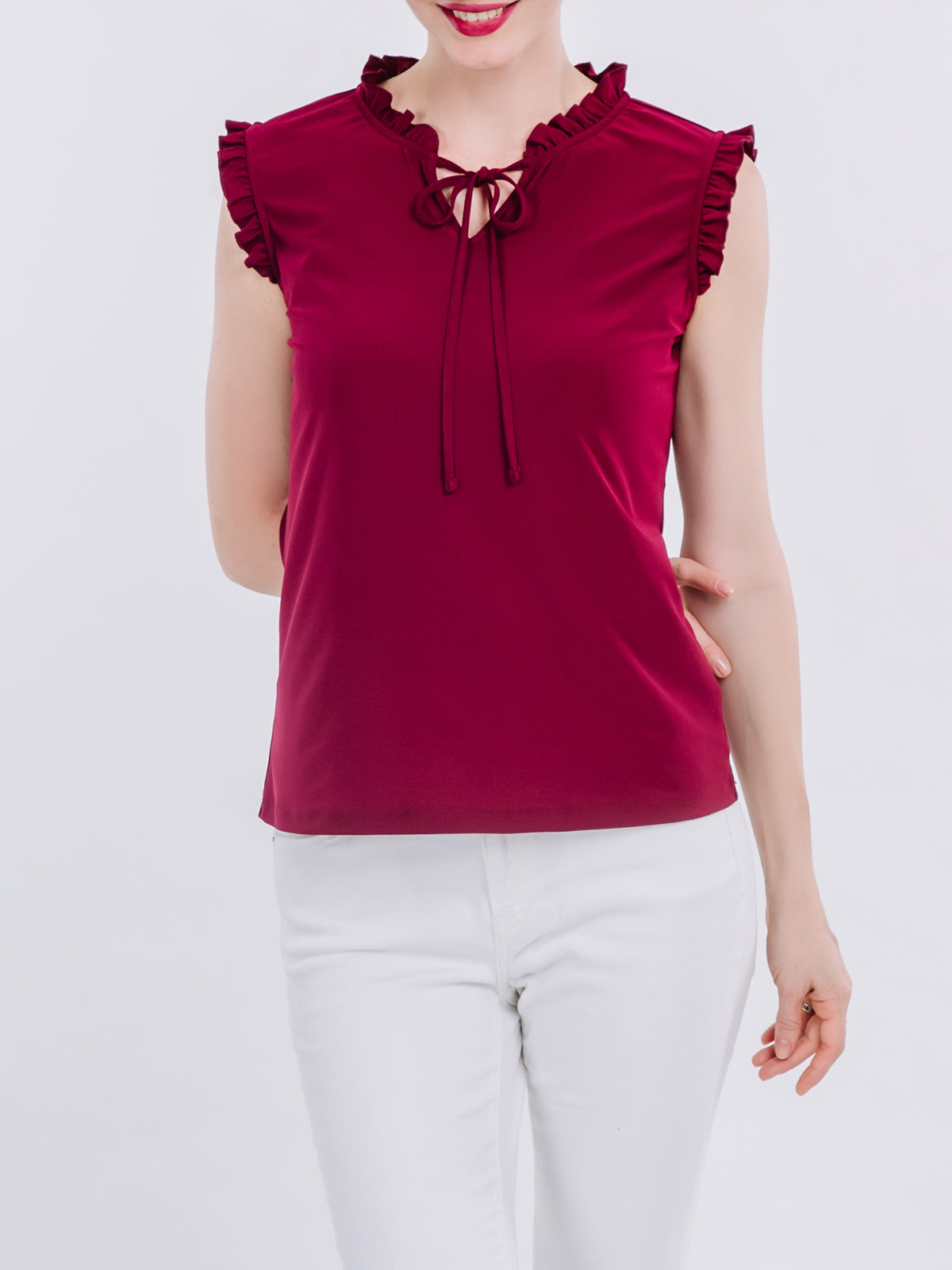 Tie Front Ruffle Neck Knit Top
