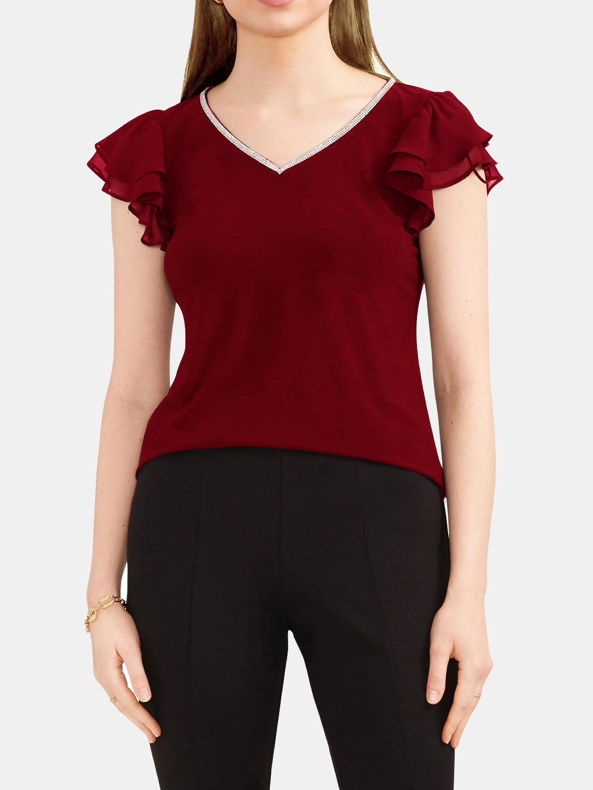V-Neckline Ruffle Sleeve Top